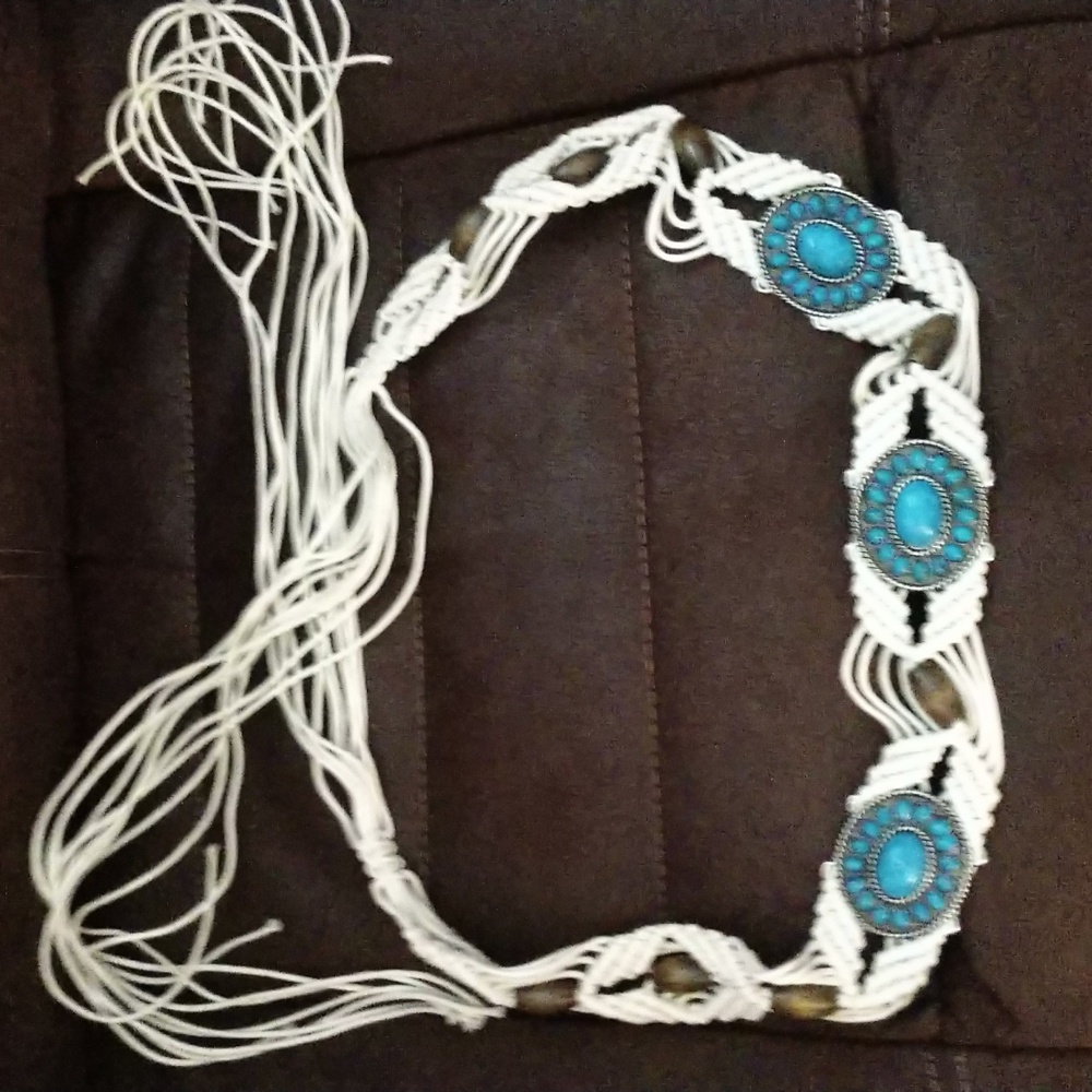 Boho Wax Belt Macrame Faux Turquoise Conch Wood Beads Fringe Tie Western OSFM